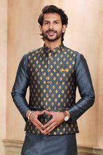 Thumbnail for Raivat Ethnic Jacquard Banarasi Silk Woven Work 3 Pics Jacket Set In Dark Grey Colour - Distacart