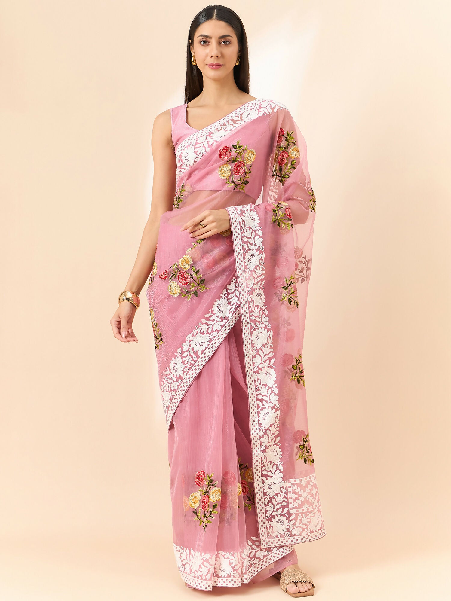 Pink Organza Floral Embroidered Saree with Unstitched Blouse Piece - Roozal - Distacart