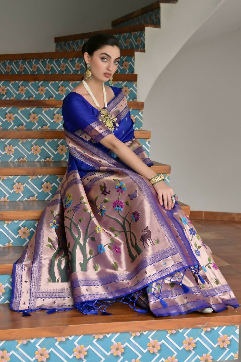 Vishnu Weaves Women's Royal Paithani Silk Zari Woven Saree with Blouse