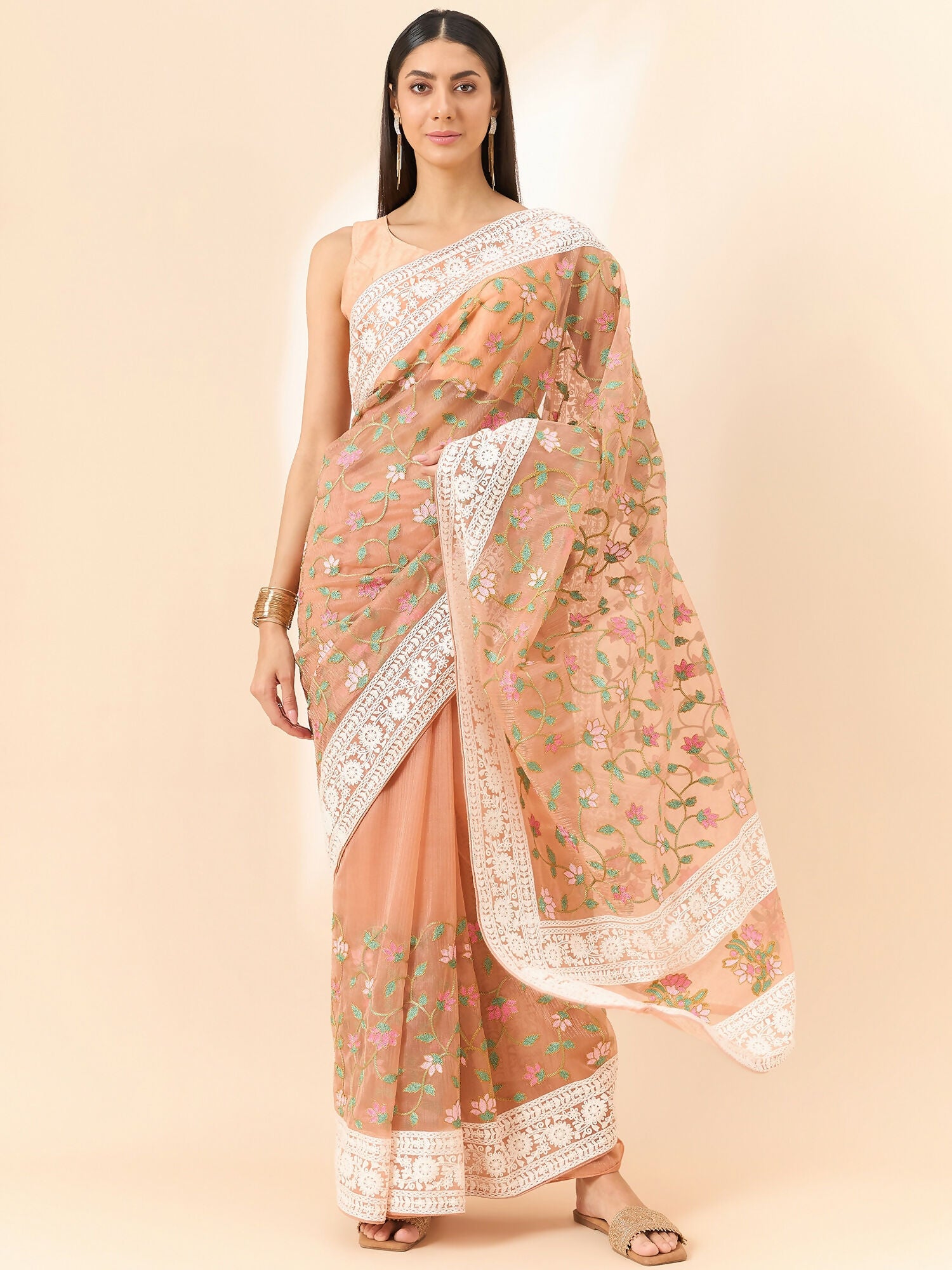 Peach Organza Floral Embroidered Saree with Unstitched Blouse Piece - Roozal - Distacart