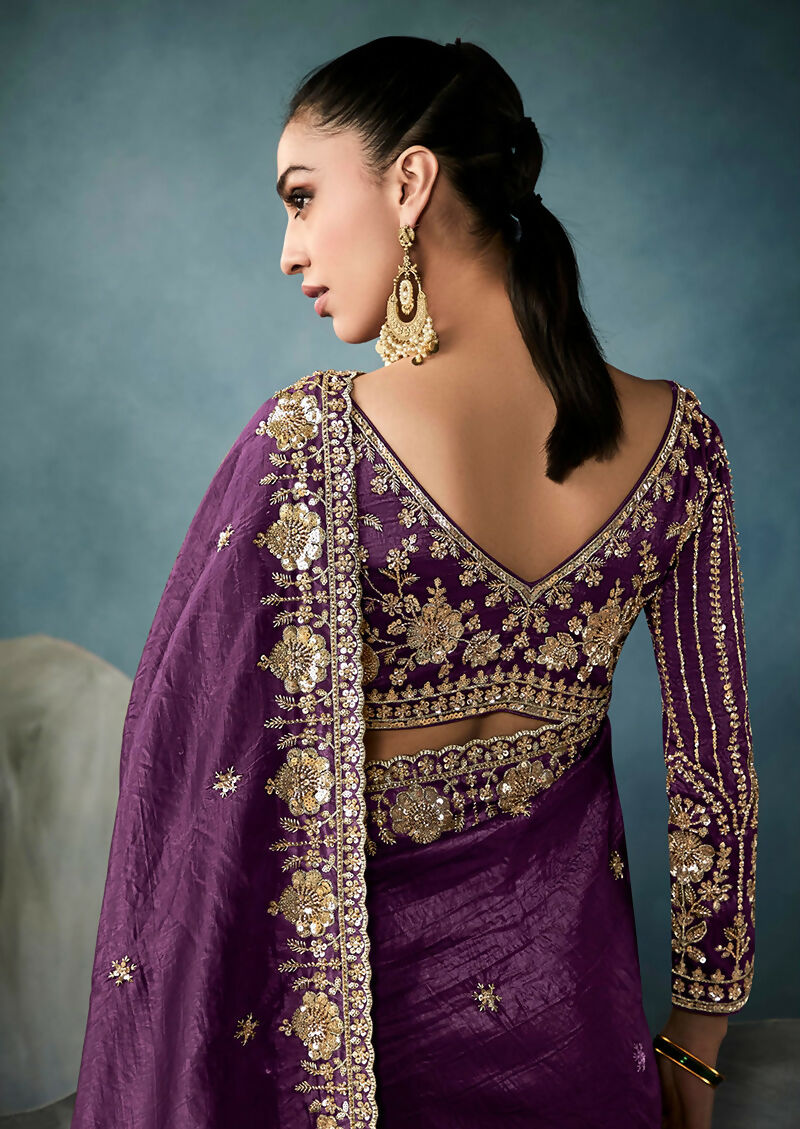 Monjolika Fashion Purple Tissue Embroidered Sequins And Zari Work Saree