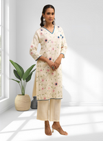 Thumbnail for Joban Fashion Cream Linen Embroidered Readymade Long Kurta With Pant - Distacart