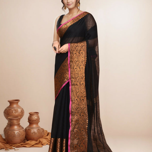 Joban Fashion Black Cotton Blend Handloom Saree