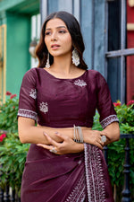 Thumbnail for Vastranavya Wine Embroidery Work Shimmer Chiffon Saree with Unstitched Blouse