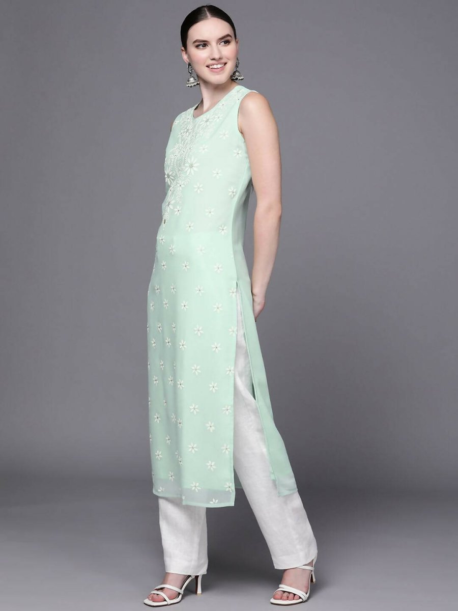 Ahalyaa Women Sea Green Floral Printed Georgette Kurta - Distacart