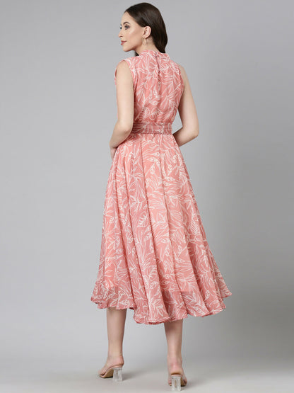 Souchii Peach Floral Chiffon Dress - Dista
