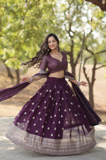 Thumbnail for Preksha Creation Faux Blooming With Heavy Sequins & Thread Embroidered Work Women Lehenga Choli - Wine - Distacart