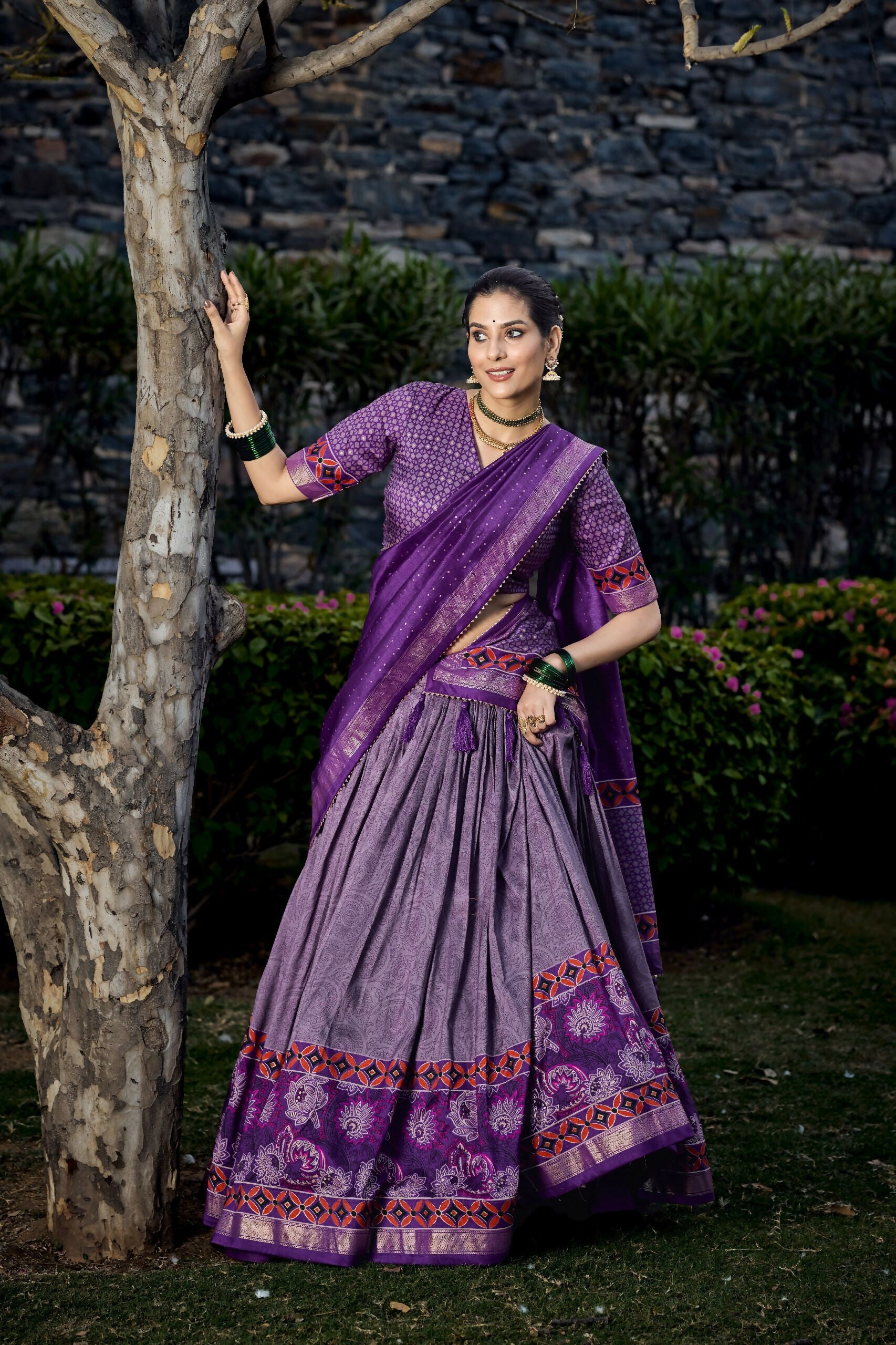 Vastranavya Floral Print With Foil Print Tussar Silk Lehenga With Unstitched Blouse - Purple - Distacart