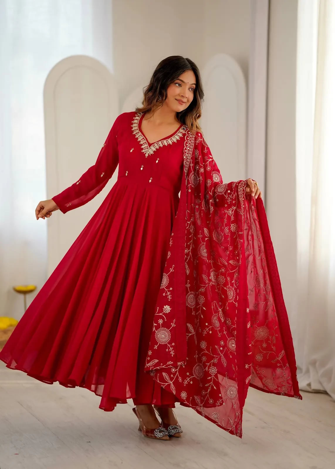 Teeya Creation Red Anarkali Suit Set with Embroidered Dupatta