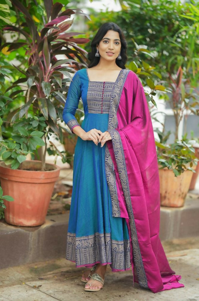 Teeya Creation Womens New Elegant Blue Anarkali Gown with Embroidered Yoke Contrasting Pink Dupatta Set - Dista