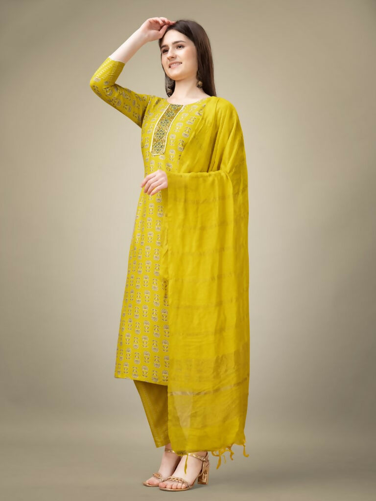 Jyoti Fashion Women's Yellow Rayon Embroidery & Sequence work Kurta with Trouser & Dupatta - Distacart