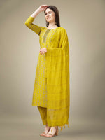 Thumbnail for Jyoti Fashion Women's Yellow Rayon Embroidery & Sequence work Kurta with Trouser & Dupatta - Distacart