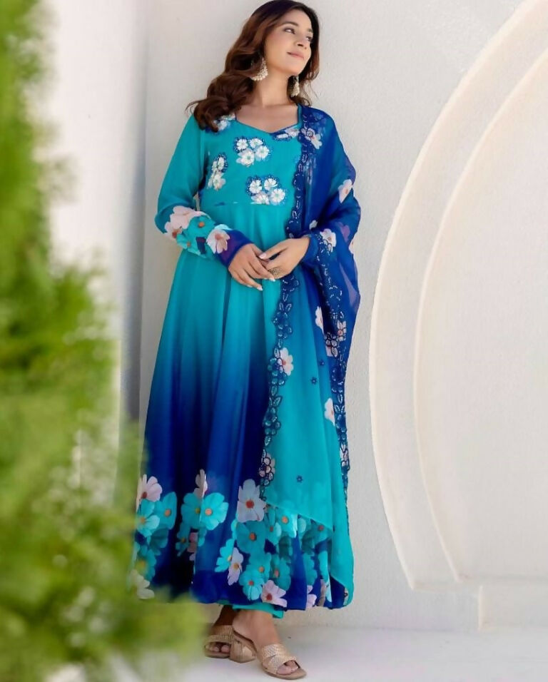 Teeya Creation Multi Color Taby Organza Silk Printed Party Wear Gown