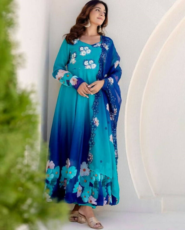 Teeya Creation Multi Color Taby Organza Silk Printed Party Wear Gown