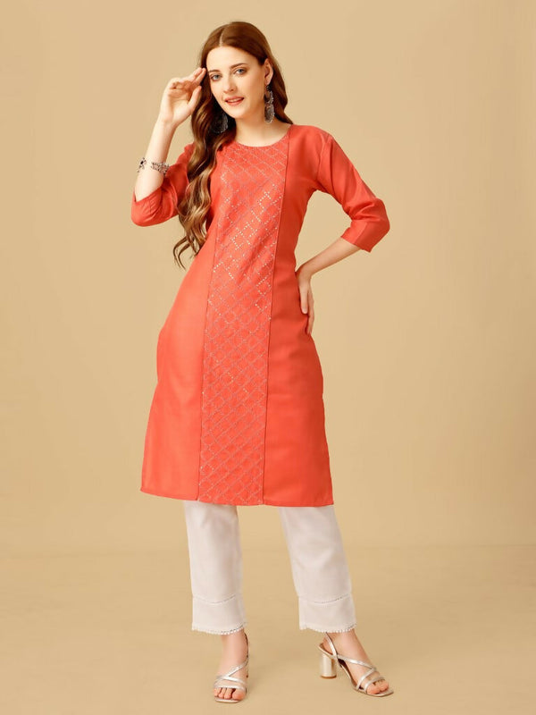 Jyoti Fashion Women's Coral Cotton Blend Embroidered Kurta Pant Set - Distacart