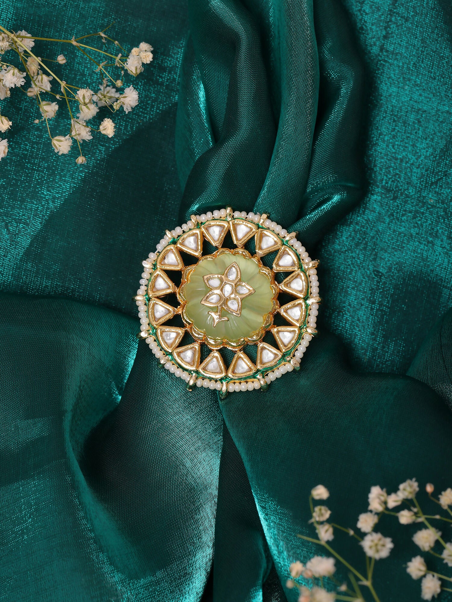 Ruby Raang Gold Polished Green Kundan Cocktail Ring