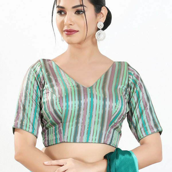 Joban Fashion Pista Multi Brocade Padded Blouse With V Neck Elbow Sleeves - Distacart