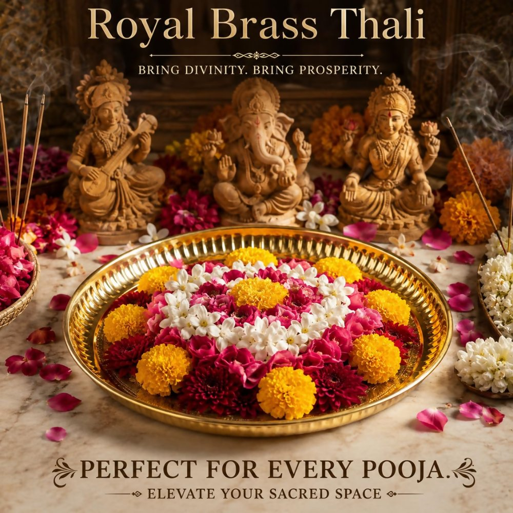 Pure Source India Handmade Flower Embossed Design Brass Puja Thali - Dista