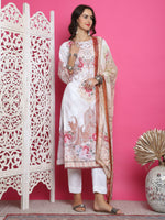 Thumbnail for Jyoti Fashion Women's Cream Satin Traditional Digital Print with Crystal work Kurta with Trouser & Dupatta - Distacart