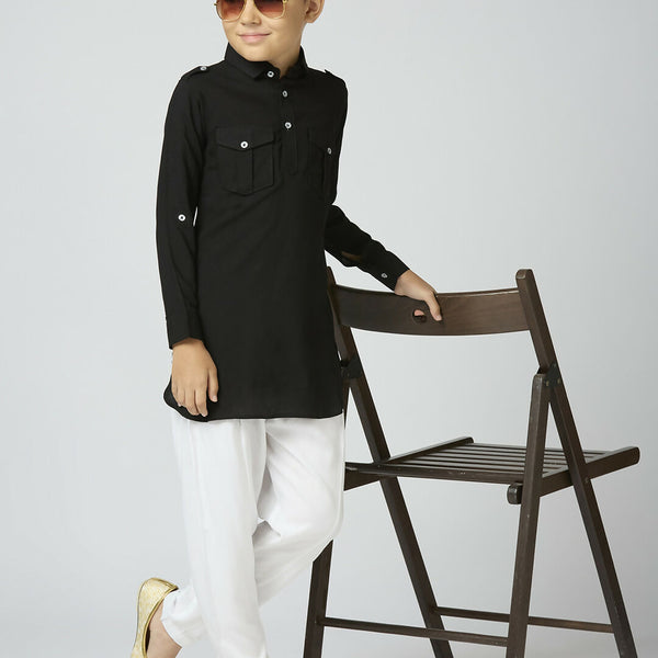 Joban Fashion Kids Island Full Sleeves Cotton Pathani Kurta and Pyjama Set - Black - Distacart