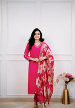 Thumbnail for The52 Pink Women's Beautiful Viscose Silk Fabric Embroidered Work Straight Kurta Pant and Dupatta Set - Distacart