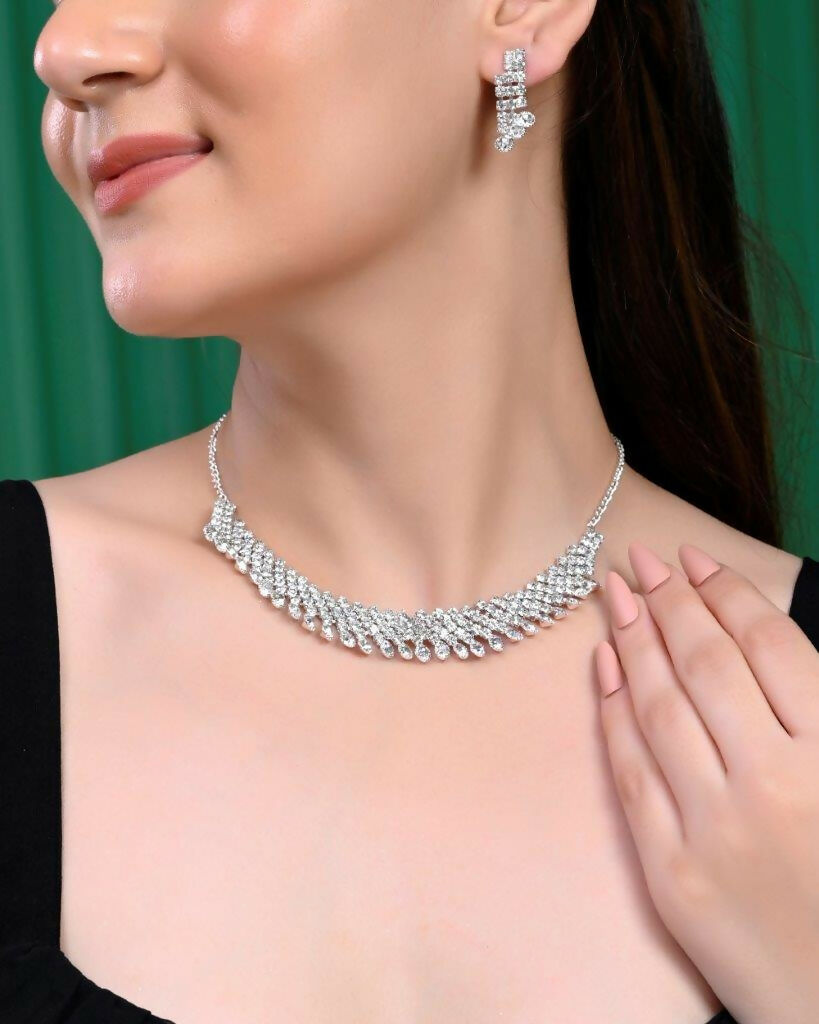 VOJ Silver Plated AD Stone Studded Necklace With Earrings Jewellery Set - Distacart