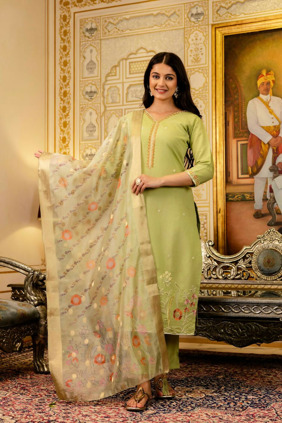 The52 Lemons Women's Beautiful Viscose Shimmer Fabric Embroidered Work Straight Kurta Pant and Dupatta Set - Distacart