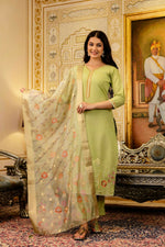 Thumbnail for The52 Lemons Women's Beautiful Viscose Shimmer Fabric Embroidered Work Straight Kurta Pant and Dupatta Set - Distacart