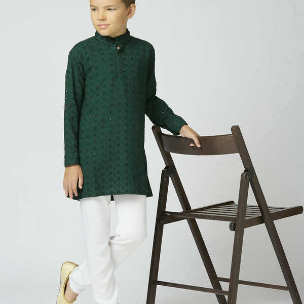 Joban Fashion Kids Island Full Sleeves Cotton Kurta and Pyjama Set with Sequin work - Green - Distacart