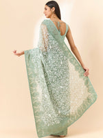 Thumbnail for Green Organza Floral Embroidered Saree with Unstitched Blouse Piece - Roozal - Distacart