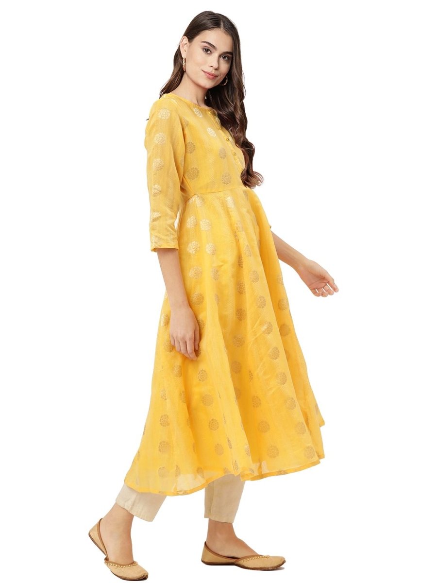 Ahalyaa Women Yellow Chanderi Jacquard Woven Dress