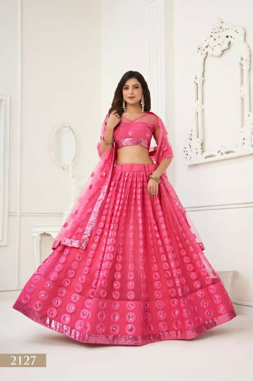 Aastha Fashion Bright Pink Butterfly Net Tone To Tone Thread Work And Sequence Work Embroidery Wedding Wear Lehenga Choli - Distacart