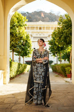 Thumbnail for Vaasva Women Navy Blue Muslin Floral & Embroidered Cut Work Kurta ,Sharara & Dupatta set - Distacart