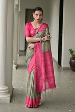 Thumbnail for Vishnu Weaves Women's Pink Soft Tussar Silk Printed Saree with Blouse