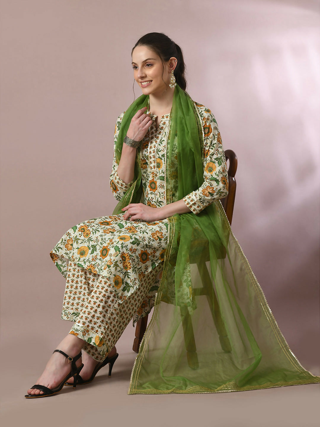 Myshka Women's Multi Printed Cotton Straight Party Kurta Set With Dupatta - Distacart