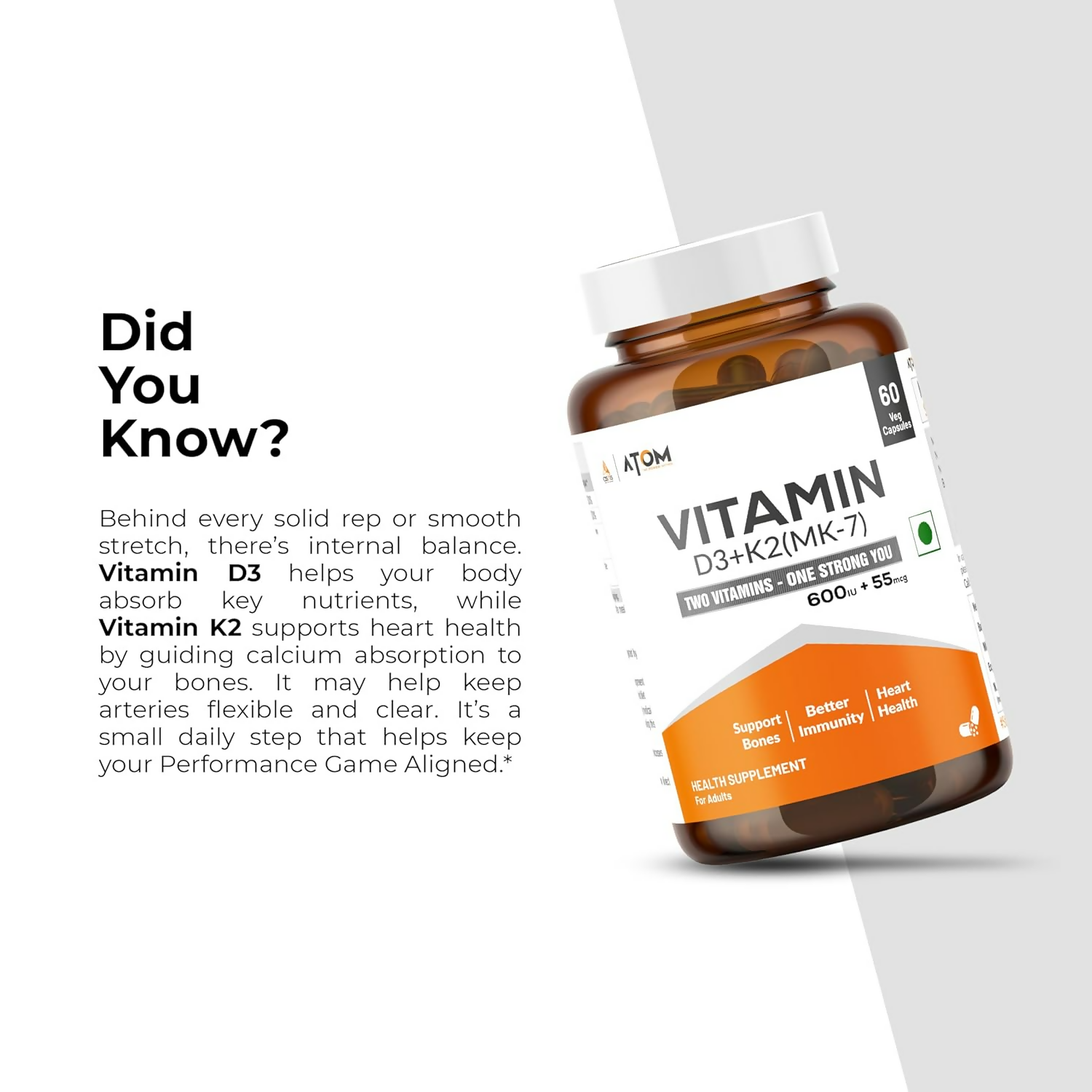 As-It-Is Atom Vitamin D3 & K2 (Mk-7) Veg Capsules