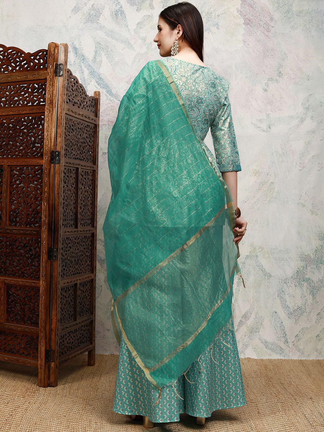 Vishudh Floral Printed Keyhole Neck Anarkali Kurta with Sharara & Dupatta