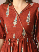 Thumbnail for Myshka Women's Rust Printed Cotton V-Neck Empire Party Dress - Distacart