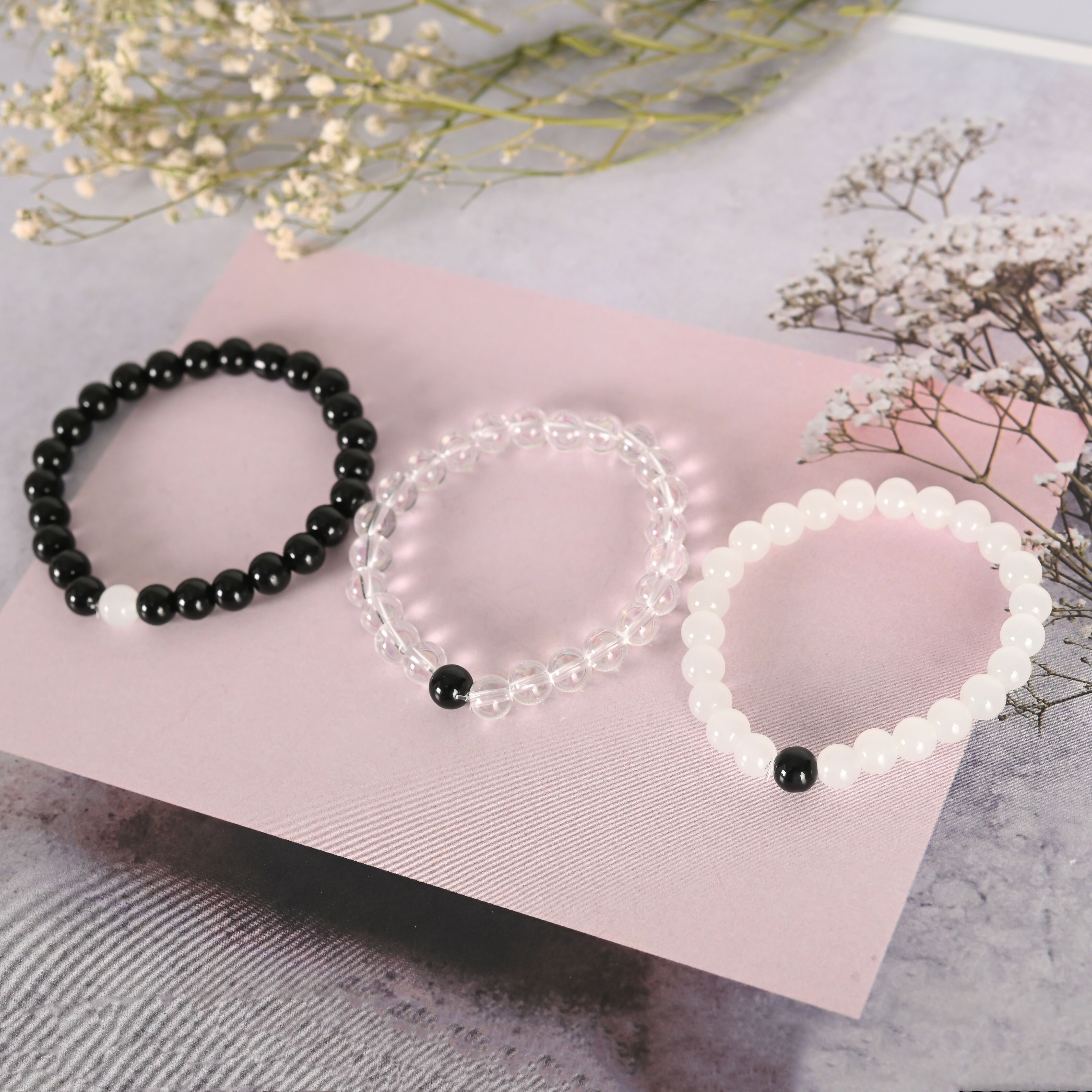 NVR Men & Women Transparent & White & Black Marbel Crystal Elasticated Bracelet - Distacart