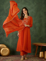 Thumbnail for The52 Orange Women's Gorgeous Embroidered Chinon Fabric Flared Kurta Pant and Dupatta Set - Distacart