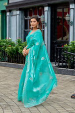 Thumbnail for Vastranavya Turquoise Embroidery Work Shimmer Chiffon Saree with Unstitched Blouse