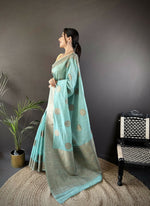 Thumbnail for Joban Fashion Sky Blue Floral & Paisley Linen Silk Banarasi Saree - Distacart
