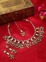 Thumbnail for Ruby Raang Gold Polished Kundan Work Green Kundan Collar Necklace With Earrings & Maang Tikka