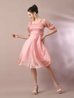 Thumbnail for Myshka Women's Pink Solid Square Neck Fit and Flare Party Dress - Distacart