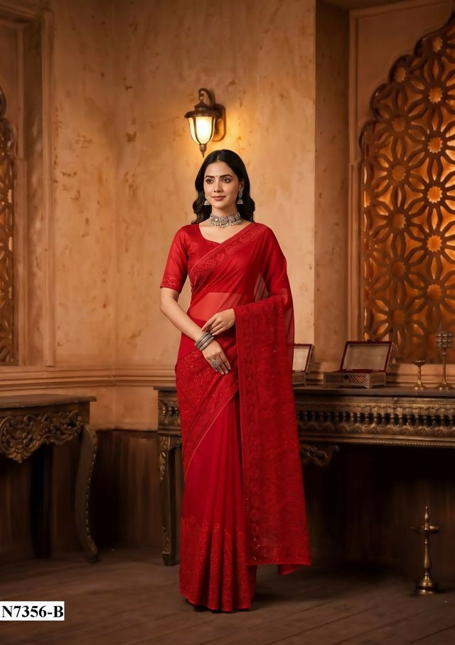Red Soft Georgette Lakhnavi Self Embroidery, Stickey Work Saree with Unstitched Blouse-Nimaya