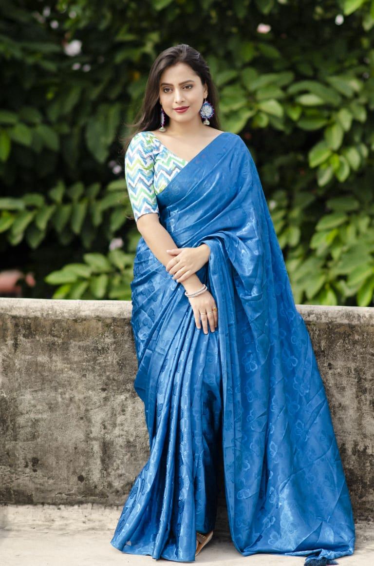 Blue Silk Blend Ethnic Motifs Saree with Unstitched Blouse - A2M - Distacart