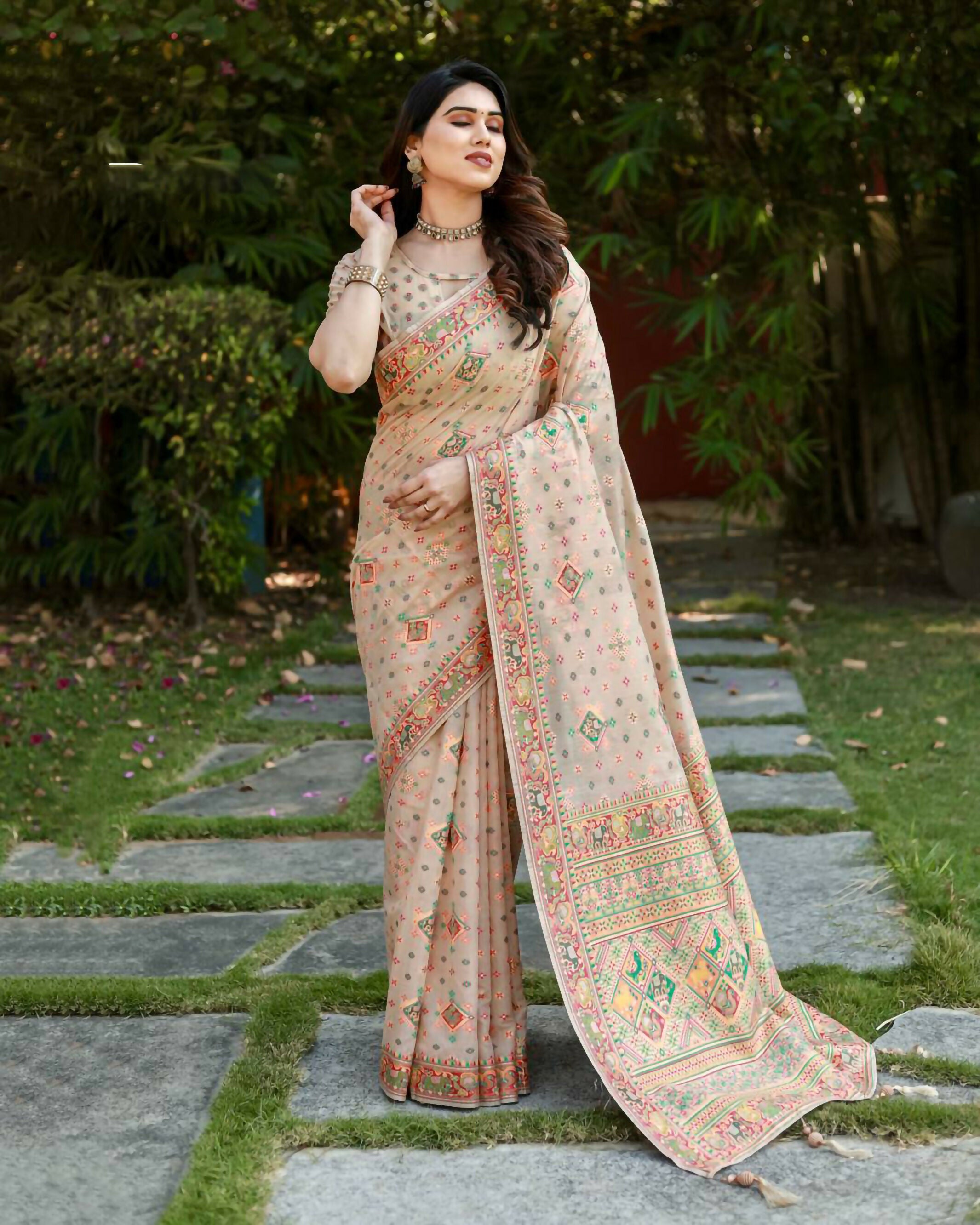 Vastranavya Luxury and Beautiful Soft, Smooth, Flowing Original Pashmina Soft Cotton Saree with Matching Blouse Fabric - Beige - Distacart