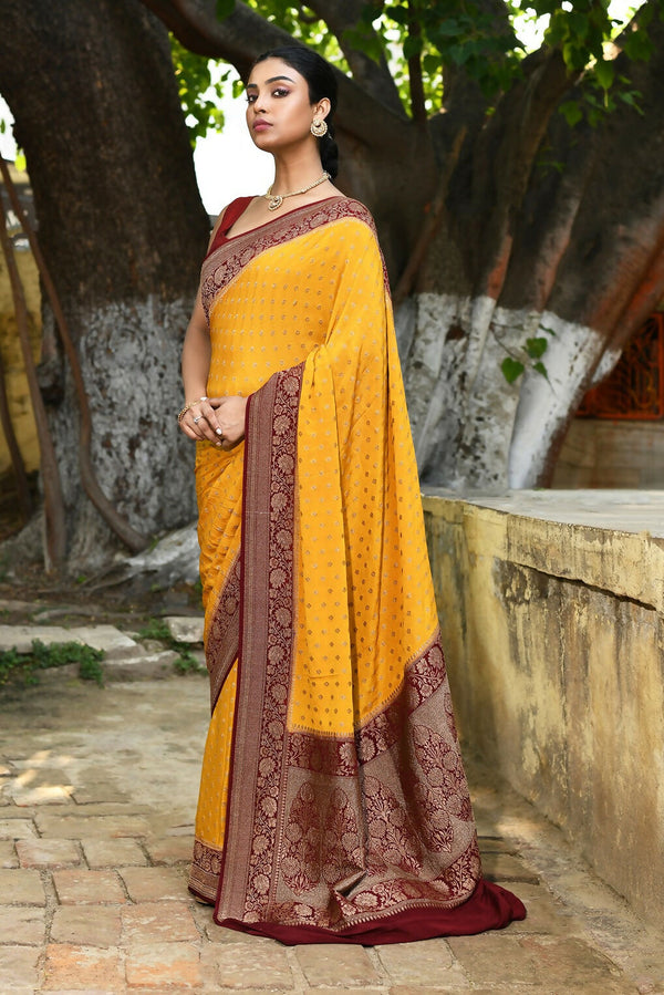 Joban Fashion Yellow Crepe Chiffon Pure Handloom Banarasi Silk Saree