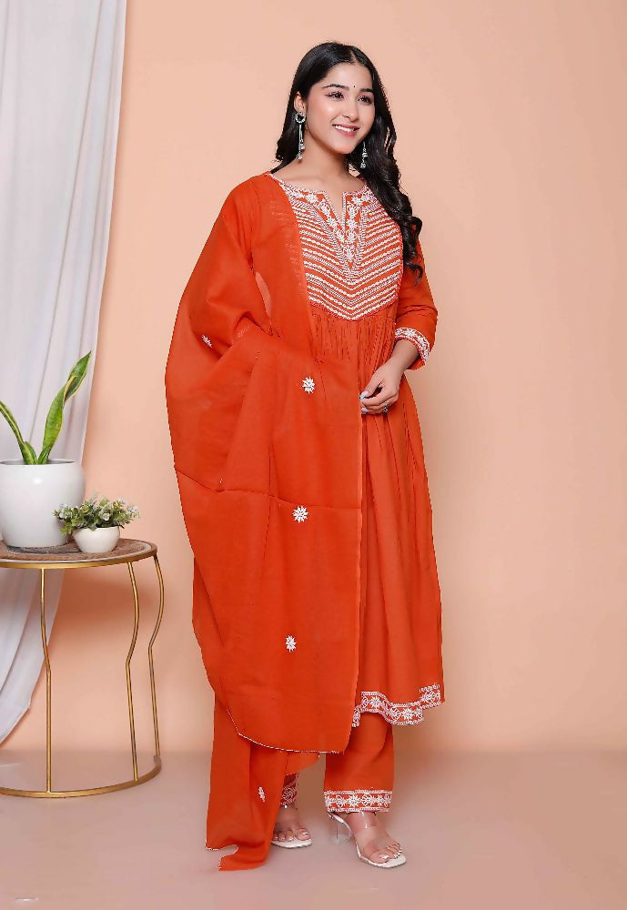 Miravan Womens Floral Embroidered Rust Straight Cotton Kurta & Palazzo With Dupatta Set - Distacart