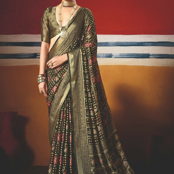 Joban Fashion Green Dull Moss Brasso Saree - Distacart